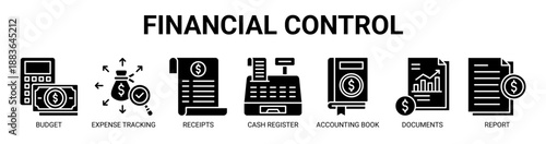Financial Control web banner icon vector illustration concept with icon of budget, expense tracking, receipts, cash register, accounting book, financial documents, and financial report.