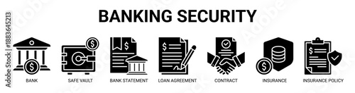 Banking Security web banner icon vector illustration concept with icon of bank, safe vault, bank statement, loan agreement, contract document, financial insurance, and insurance policy.