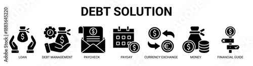 Debt Solution web banner icon vector illustration concept with icon of loan, debt management, paycheck, payday, currency exchange, money, and financial guide.