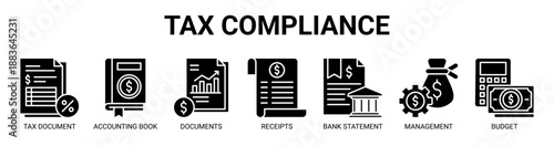 Tax Compliance web banner icon vector illustration concept with icon of tax document, accounting book, financial documents, receipts, bank statement, financial management, and budget.