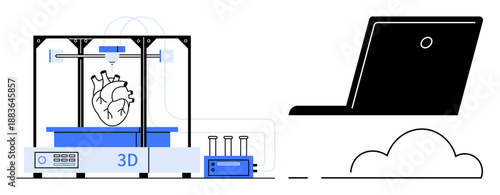 Medical innovation, digital technology, cloud computing, 3D printing, healthcare advancements, scientific research. A 3D printer creates a heart model connected to a cloud system. Medical innovation