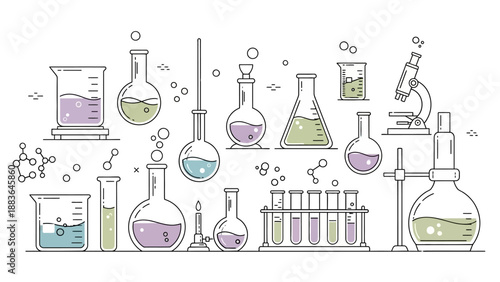 Laboratory Equipment Beakers Flasks Test Tubes.