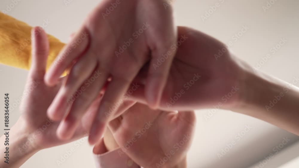 custom made wallpaper toronto digitalStartup company employee team gladly stacking hand together symbolize successful group of business partnership and strong collective unity teamwork in community workplace in panoramic video. Synergic