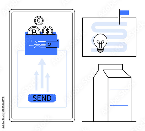 Cryptocurrency transactions. Digital wallet managing cryptocurrency thumbs up Bitcoin and Euro, secured payment transfers. Cryptocurrency for mobile banking, fintech apps, blockchain, startups