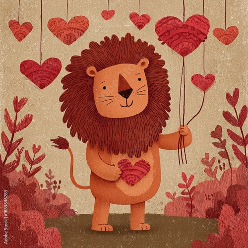 Adorable lion embracing red hearts with love symbols on a romantic valentine s day backdrop