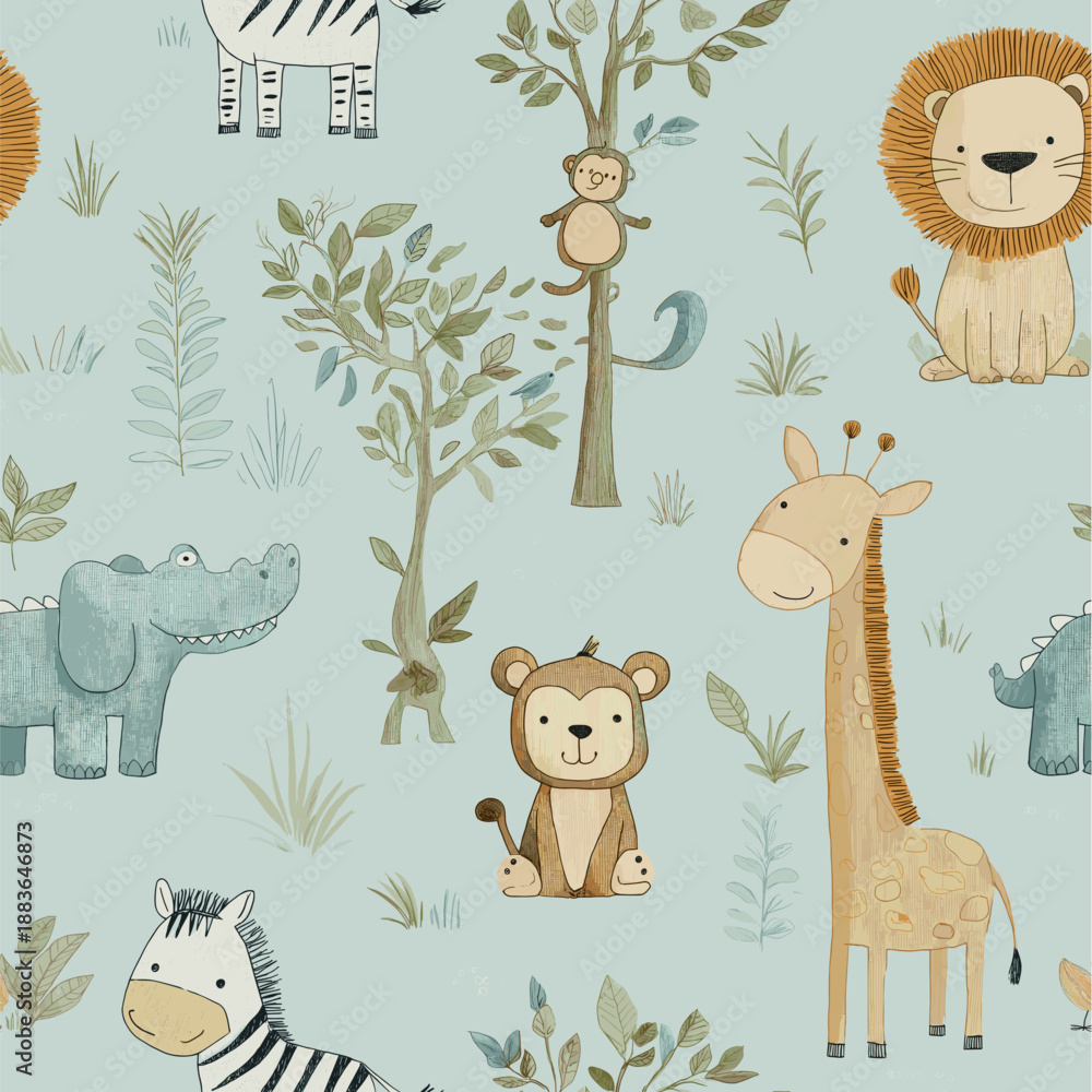 Fototapeta premium Safari animals pattern with giraffes, elephants, and lions on a light blue background. Cute cartoon jungle animals seamless pattern