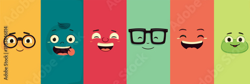 Cheerful cartoon faces on a colorful background expressing various emotions and concepts. Cartoon faces showing emotions and different personalities