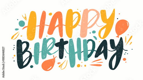 Happy birthday lettering combining playful design elements and vibrant colors. Happy birthday greeting text design with colorful leaves