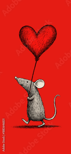 Cartoon gray rat running with a large red heart on a solid red background. Cute gray rat carrying red heart running