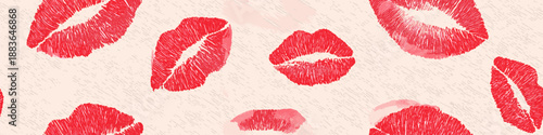 Red lipstick kiss marks covering a cream textured paper surface, creating a playful pattern. Red lipstick kiss marks seamless pattern on textured paper