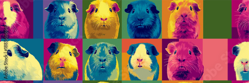 Nine cute guinea pigs in a colorful pop art distinct grid pattern. Pop art guinea pig distinct pet portraits grid