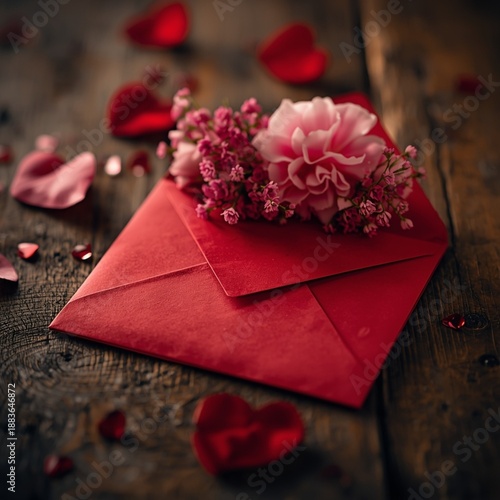 A red envelope with a pink flower on a wooden table
