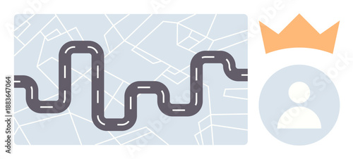Navigation, achievement, customization, travel planning, user interface, rankings. Winding road on a map, crown and user icon. Navigation and achievement concepts