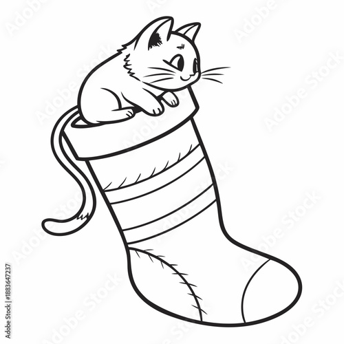 Cute cat sitting inside a Christmas stocking outline drawing  