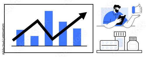 Business growth, healthcare innovation, telemedicine, pharmaceutical industry, medical research, health analytics. Bar chart with upward trend, doctor holding tablet medical supplies. Business