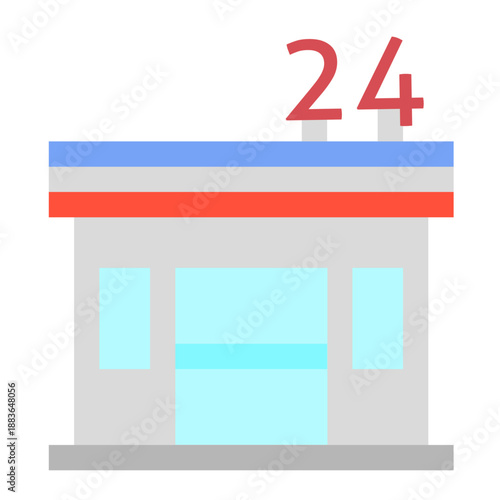 A colorful vector illustration of a small mini market with a storefront, shelves, and grocery items, representing local retail shopping and everyday convenience