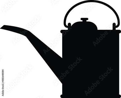 Minimal vector silhouette, vintage kerosene oil can with long spout and top handle, solid black, isolated on white.