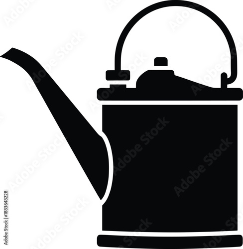 Minimal vector silhouette, vintage kerosene oil can with long spout and top handle, solid black, isolated on white.