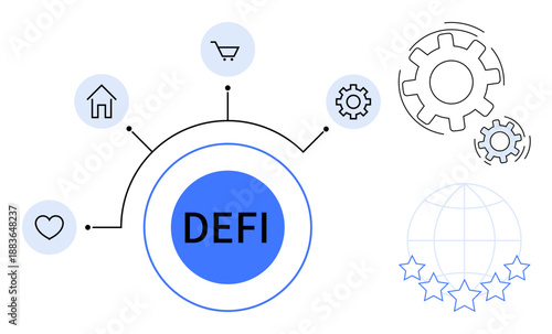 Decentralized finance, blockchain, global payment, peer-to-peer lending, fintech innovations, cryptocurrency trading. Circular hub with DEFI text and connected icons. Decentralized finance