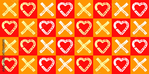 Hand drawn XO heart pattern background with repeating square tiles. Romantic doodle style illustration featuring crosses and hearts in red, orange and white colors. Playful textured vector design.