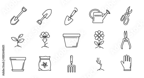Collection of gardening tools and plants in line art style