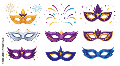 Colorful masquerade masks with sparkles and fireworks