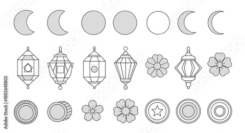 Collection of various lanterns, flowers, and moon phases in line art style