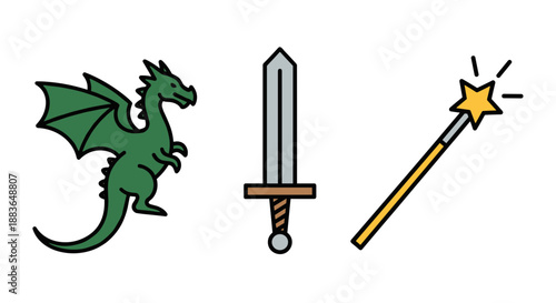 A green dragon, a sword, and a magic wand