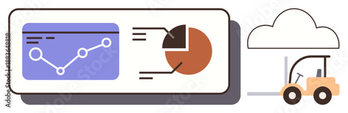 Data analytics, cloud storage, digital management, logistics, business growth, productivity. Graph and pie chart next to a forklift and cloud. Data analytics and cloud storage concept