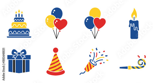 Colorful birthday icons set including cake, balloons, and party hat