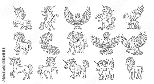 Collection of various unicorn and pegasus illustrations in line art style