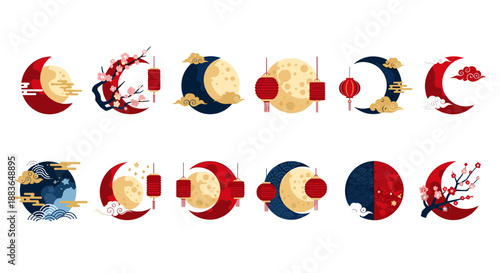 A set of red blue and gold chinese new year lunar cycle icons