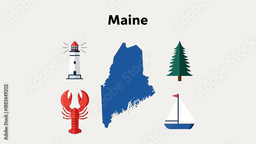 Illustrated Maine Icons Map, lighthouse, lobster, pine tree, sailboat. A graphic collection symbolizing the state's natural beauty and maritime heritage