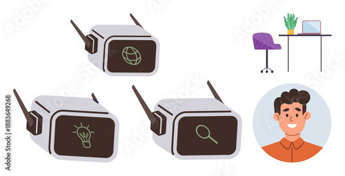 Artificial intelligence, digital innovation, workspace design, teamwork, automation, productivity tools. Three AI robots with icons, workspace and a smiling person. Artificial intelligence