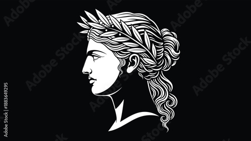 Classical Greek goddess profile silhouette with laurel wreath, elegant ancient art illustration symbolizing beauty, wisdom, mythology, heritage, and timeless femininity