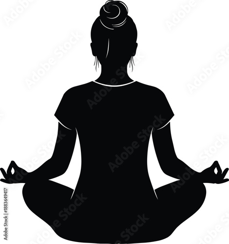 Calm woman meditating in lotus pose silhouette, peaceful yoga and mindfulness illustration symbolizing balance, relaxation, wellness, spirituality, and inner harmony