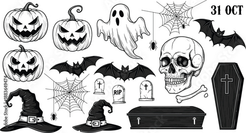 Halloween spooky elements illustration set featuring pumpkins, skull, bats, ghosts, spiders, coffins, and witch hats for horror celebration designs