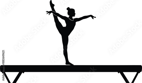 Gymnast woman silhouette performing balance beam pose, elegant sports illustration representing strength, flexibility, grace, and athletic performance concept