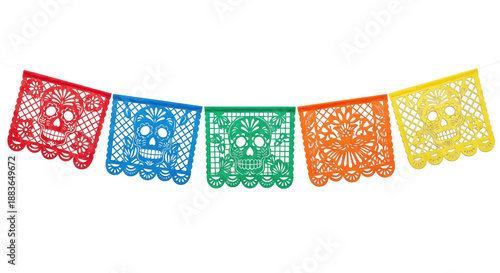 Vibrant mexican papel picado banner with five colorful flags showing intricate calavera and floral cutouts, displayed on a clean transparent background under even studio lighting, concept of