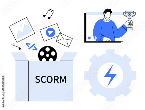 SCORM package with digital media files, programming code symbol, and online learning success featuring trophy and settings gear. Ideal for e-learning, education, gamification, course design, learning