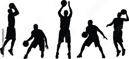 Basketball player silhouette collection showing dynamic dribbling, jumping and shooting poses, athletic movement sequence, sports action concept isolated on white background