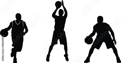 Basketball player silhouette illustration showing dribbling and shooting poses, athletic sports movement, training and competition concept isolated on white background