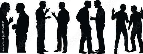 Business people silhouettes talking and arguing in discussion, communication conflict and negotiation concept, corporate interaction, cad drawing flat vector illustration