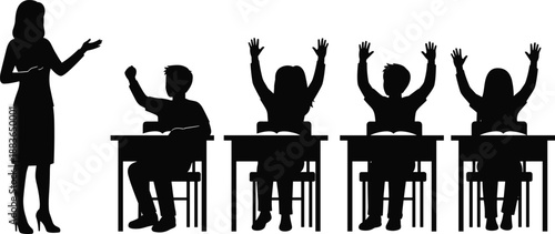 Classroom education silhouette illustration showing teacher asking questions and students raising hands during lesson in modern school setting