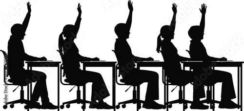 Classroom students silhouette illustration showing learners raising hands while sitting at desks during lesson participation in modern education