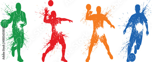 Colorful sports player silhouettes with paint splatter effect, basketball and soccer athletes action poses, modern abstract athletic illustration isolated on white