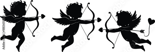 Fototapeta Cupid angel silhouette illustration showing flying cherubs with bows and arrows
