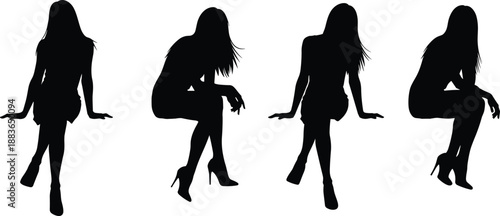 Female sitting silhouette collection showing elegant women poses, fashion and beauty concept, stylish posture sequence, feminine lifestyle illustration isolated on white background