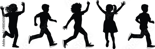 Five joyful children silhouettes running and jumping representing childhood happiness active kids play motion energy isolated on white background illustration
