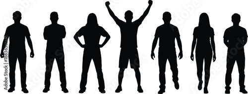 Standing people silhouette collection showing men and women in confident poses, success and teamwork concept, human figures sequence isolated on white background
